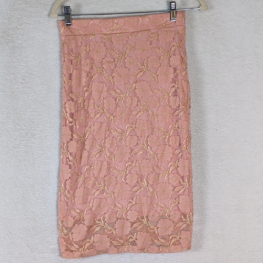 Bohme Womens Pink & Gold Metallic Lace Pencil Skirt Size S